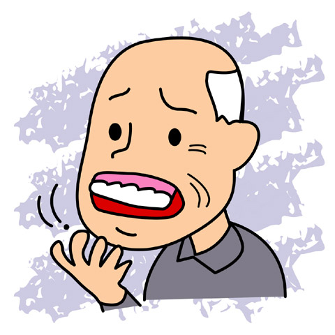 お口の中の不都合な状態を補正しないまま作製したかめない入れ歯を入れている人のイラスト