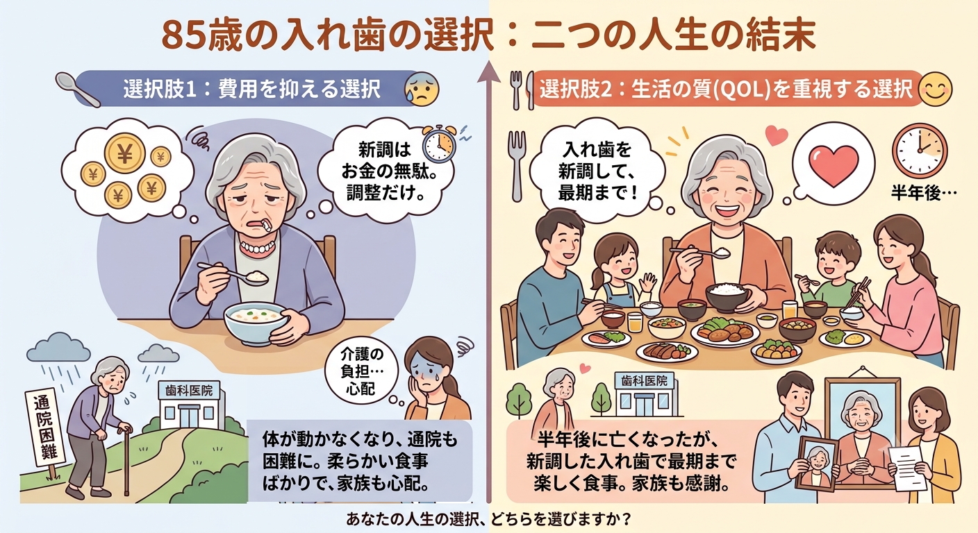 高齢になった時の入れ歯を新調する事の大切さを示すイラスト。入れ歯の具合が良くなくうまく物が食べられない時には家族が辛い思いをする。